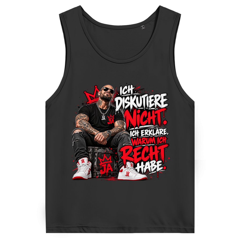JA Ich diskutiere nicht – Herren-Bio-Tanktop in Schwarz, Vorderansicht, Frontdruck: Mann mit Tattoos und Spruch „Ich diskutiere nicht. Ich erkläre, warum ich recht habe.“