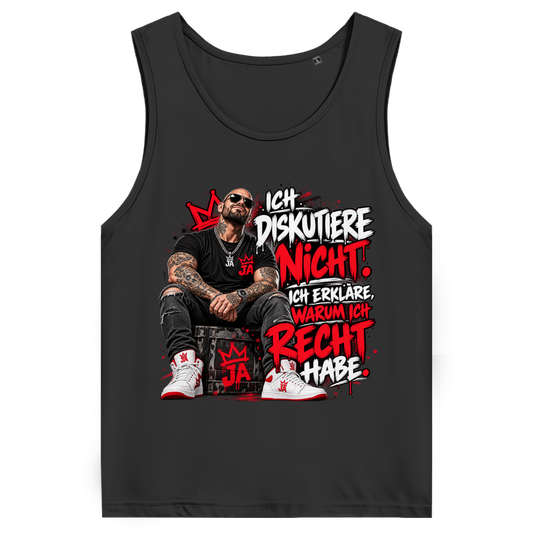 JA Ich diskutiere nicht – Herren-Bio-Tanktop in Schwarz, Vorderansicht, Frontdruck: Mann mit Tattoos und Spruch „Ich diskutiere nicht. Ich erkläre, warum ich recht habe.“
