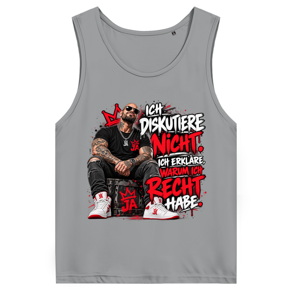 JA Ich diskutiere nicht – Herren-Bio-Tanktop in Sportgrau, Vorderansicht, Frontdruck: Mann mit Tattoos und Spruch „Ich diskutiere nicht. Ich erkläre, warum ich recht habe.“