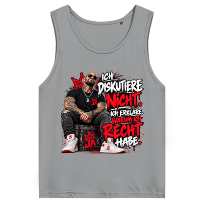 JA Ich diskutiere nicht – Herren-Bio-Tanktop in Sportgrau, Vorderansicht, Frontdruck: Mann mit Tattoos und Spruch „Ich diskutiere nicht. Ich erkläre, warum ich recht habe.“