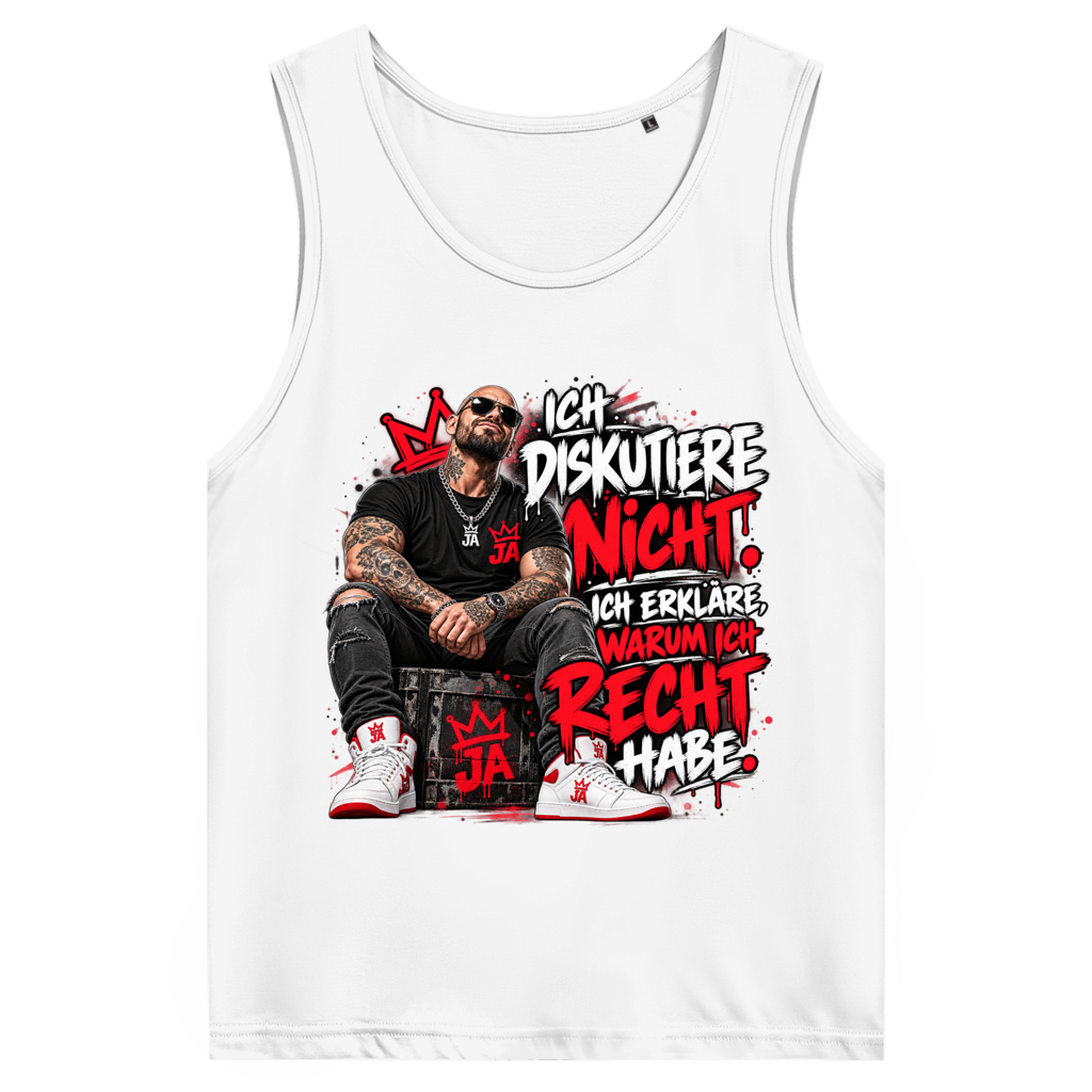 JA Ich diskutiere nicht – Herren-Bio-Tanktop in Weiß, Vorderansicht, Frontdruck: Mann mit Tattoos und Spruch „Ich diskutiere nicht. Ich erkläre, warum ich recht habe.“