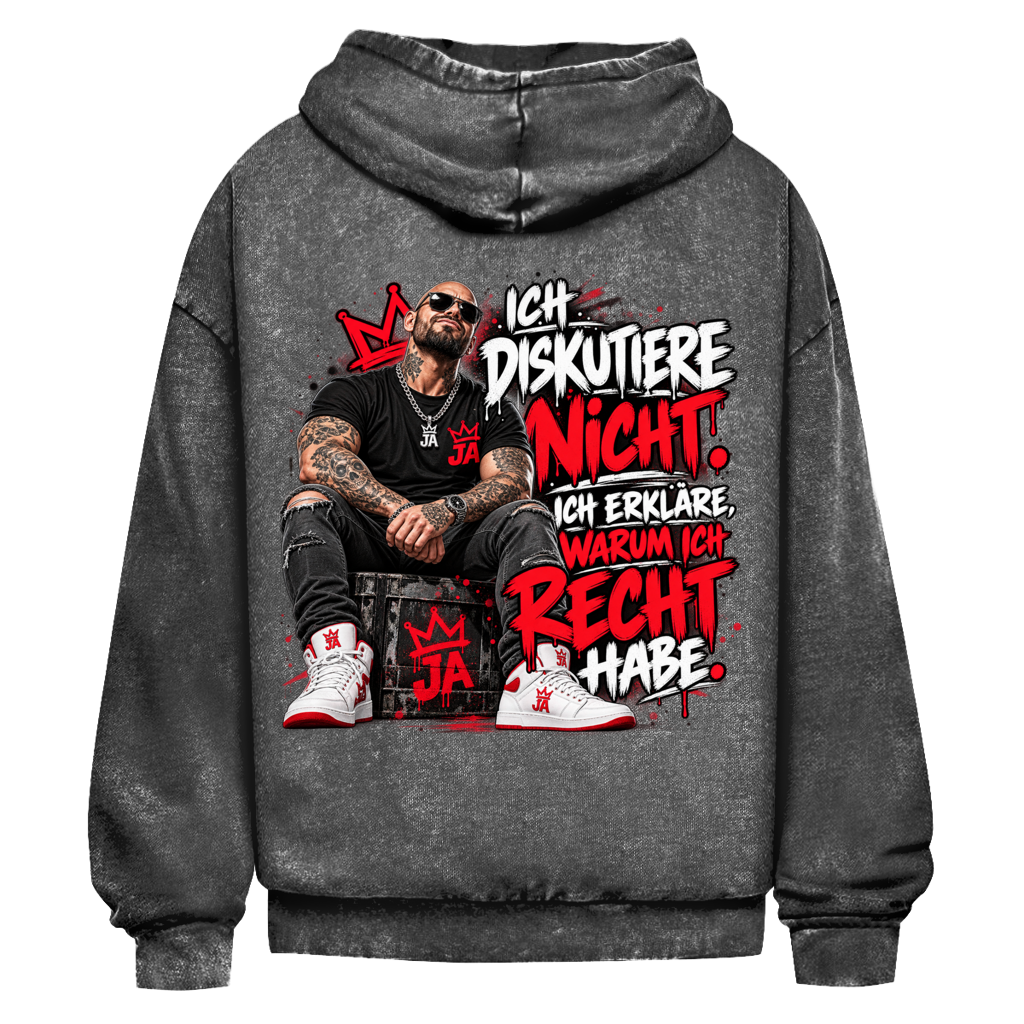 JA Ich diskutiere nicht – Oversize-Washed-Hoodie in Schwarz, Rückansicht, Rückendruck: Mann mit Tattoos und Spruch „Ich diskutiere nicht. Ich erkläre, warum ich recht habe.“