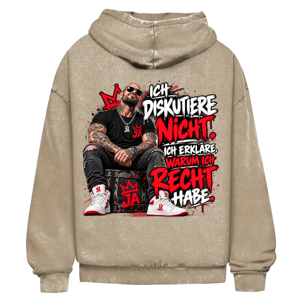JA Ich diskutiere nicht – Oversize-Washed-Hoodie in Beige, Rückansicht, Rückendruck: Mann mit Tattoos und Spruch „Ich diskutiere nicht. Ich erkläre, warum ich recht habe.“