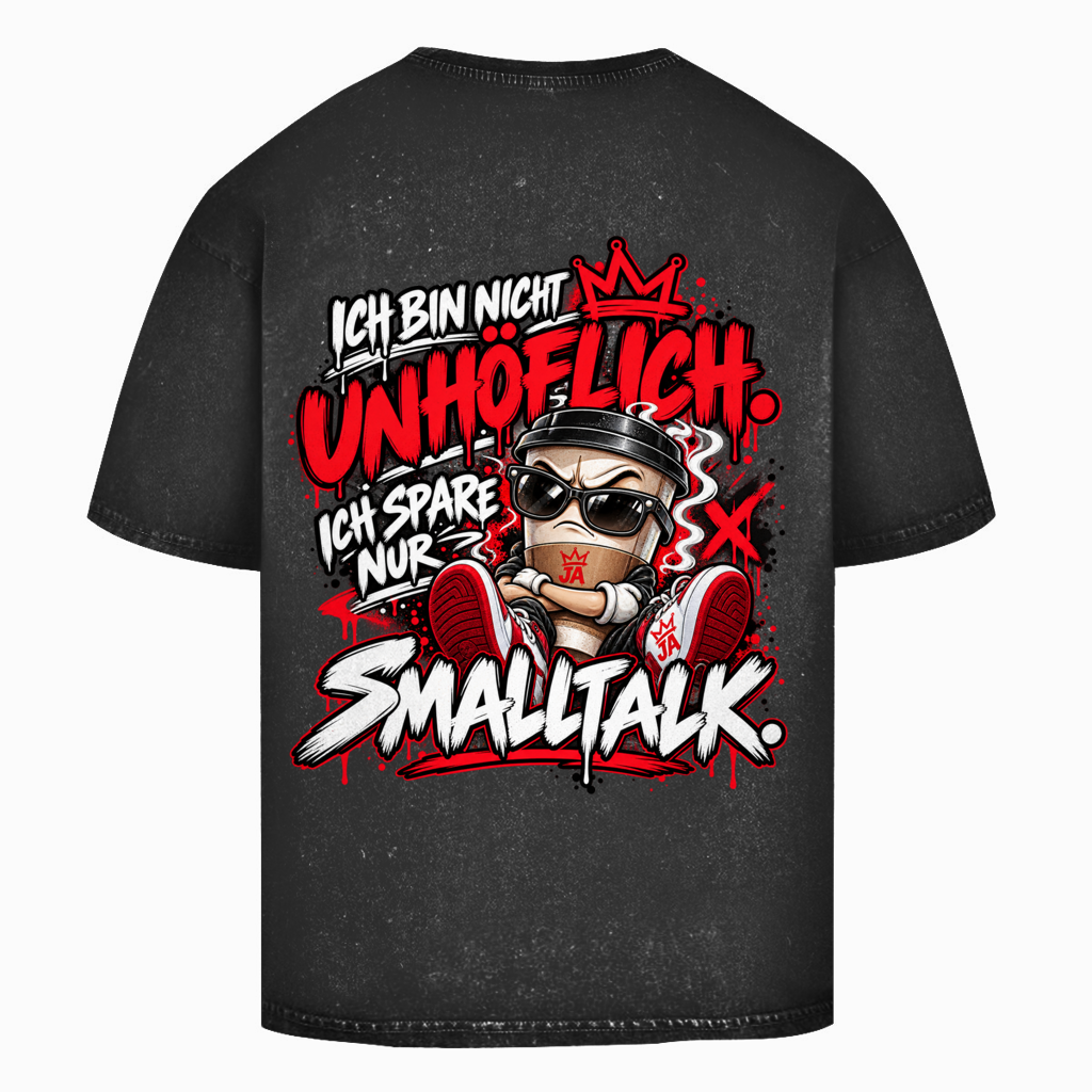 JA Ich spare nur Smalltalk – Oversize-Washed-Shirt in Schwarz, Rückansicht, Rückendruck: Kaffeebecher mit Sonnenbrille: „Ich bin nicht unhöflich. Ich spare nur Smalltalk.“