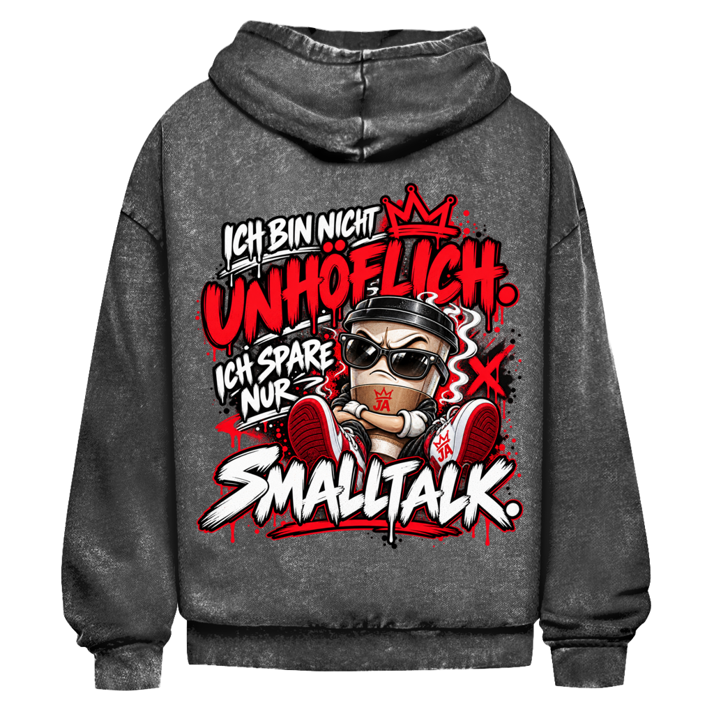 JA Ich spare nur Smalltalk – Oversize-Washed-Hoodie in Schwarz, Rückansicht, Rückendruck: Kaffeebecher mit Sonnenbrille: „Ich bin nicht unhöflich. Ich spare nur Smalltalk.“