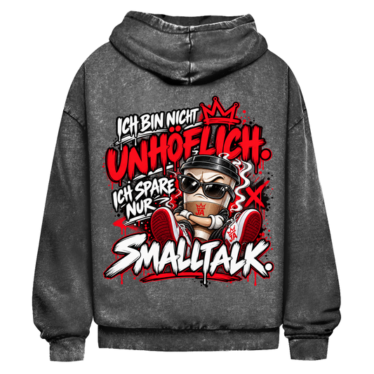 JA Ich spare nur Smalltalk – Oversize-Washed-Hoodie in Schwarz, Rückansicht, Rückendruck: Kaffeebecher mit Sonnenbrille: „Ich bin nicht unhöflich. Ich spare nur Smalltalk.“