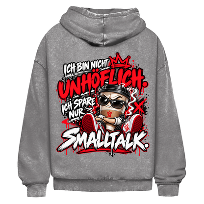 JA Ich spare nur Smalltalk – Oversize-Washed-Hoodie in Asphaltgrau, Rückansicht, Rückendruck: Kaffeebecher mit Sonnenbrille: „Ich bin nicht unhöflich. Ich spare nur Smalltalk.“