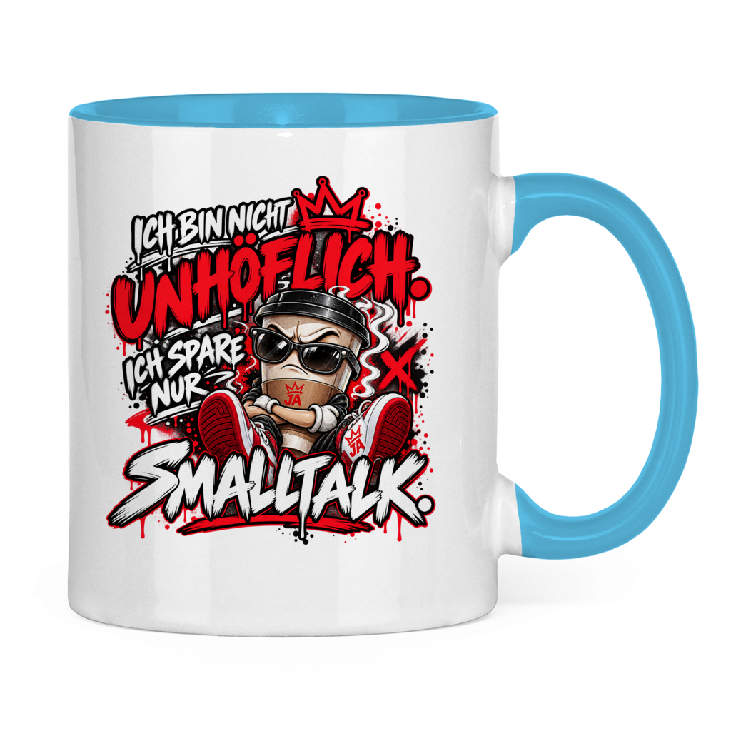 JA Ich spare nur Smalltalk – Tasse in Hellblau, Rückansicht, ebenfalls bedruckt