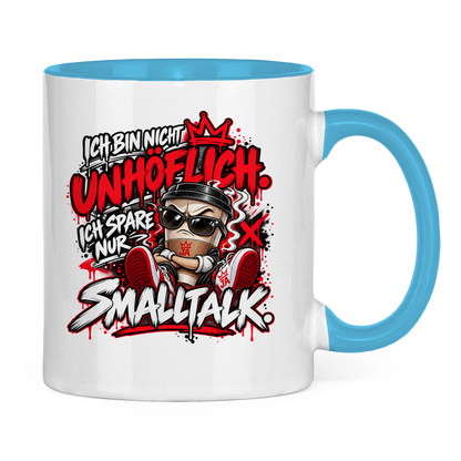 JA Ich spare nur Smalltalk – Tasse in Hellblau, Rückansicht, ebenfalls bedruckt