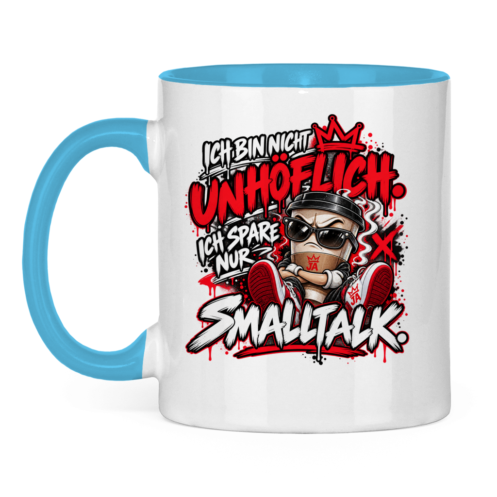 JA Ich spare nur Smalltalk – Tasse in Hellblau, Vorderansicht, Aufdruck: Kaffeebecher mit Sonnenbrille: „Ich bin nicht unhöflich. Ich spare nur Smalltalk.“