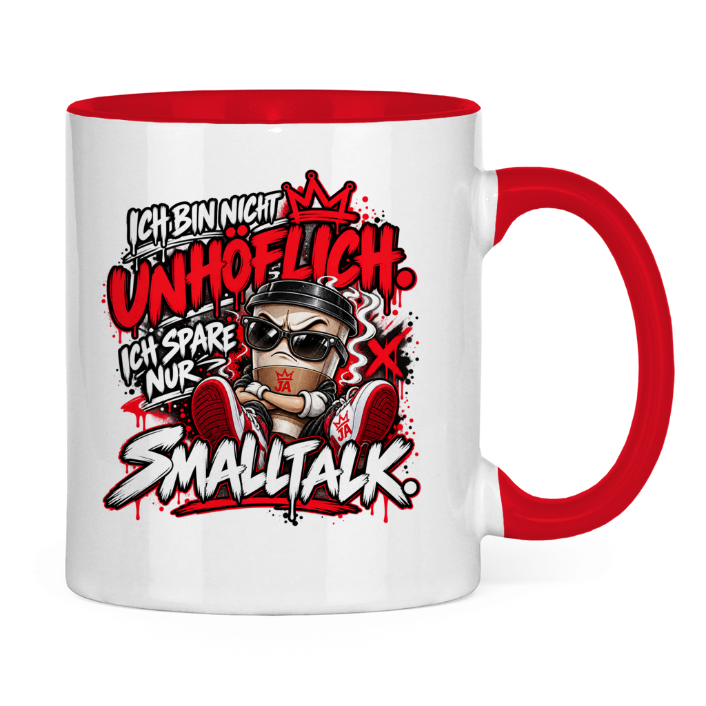 JA Ich spare nur Smalltalk – Tasse in Rot, Rückansicht, ebenfalls bedruckt