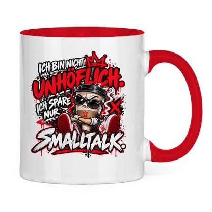 JA Ich spare nur Smalltalk – Tasse in Rot, Rückansicht, ebenfalls bedruckt