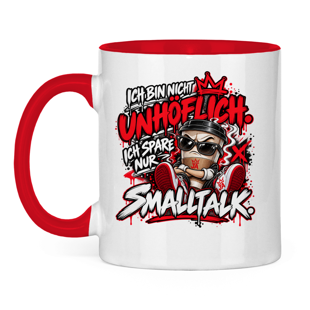JA Ich spare nur Smalltalk – Tasse in Rot, Vorderansicht, Aufdruck: Kaffeebecher mit Sonnenbrille: „Ich bin nicht unhöflich. Ich spare nur Smalltalk.“