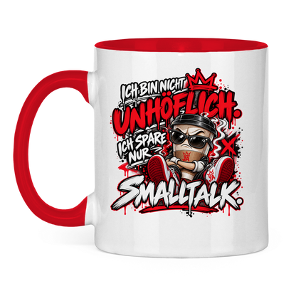 JA Ich spare nur Smalltalk – Tasse in Rot, Vorderansicht, Aufdruck: Kaffeebecher mit Sonnenbrille: „Ich bin nicht unhöflich. Ich spare nur Smalltalk.“