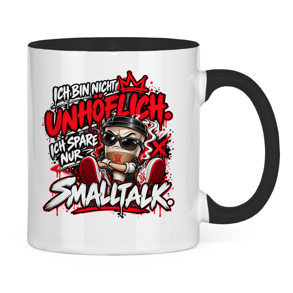 JA Ich spare nur Smalltalk – Tasse in Schwarz, Rückansicht, ebenfalls bedruckt
