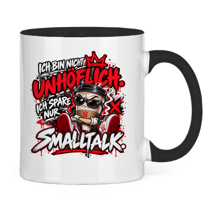 JA Ich spare nur Smalltalk – Tasse in Schwarz, Rückansicht, ebenfalls bedruckt
