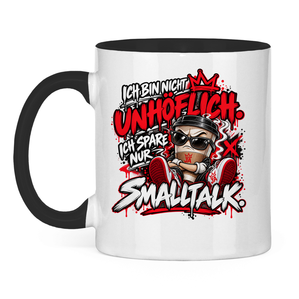 JA Ich spare nur Smalltalk – Tasse in Schwarz, Vorderansicht, Aufdruck: Kaffeebecher mit Sonnenbrille: „Ich bin nicht unhöflich. Ich spare nur Smalltalk.“