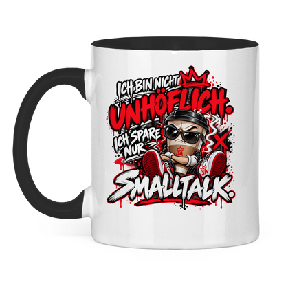 JA Ich spare nur Smalltalk – Tasse in Schwarz, Vorderansicht, Aufdruck: Kaffeebecher mit Sonnenbrille: „Ich bin nicht unhöflich. Ich spare nur Smalltalk.“