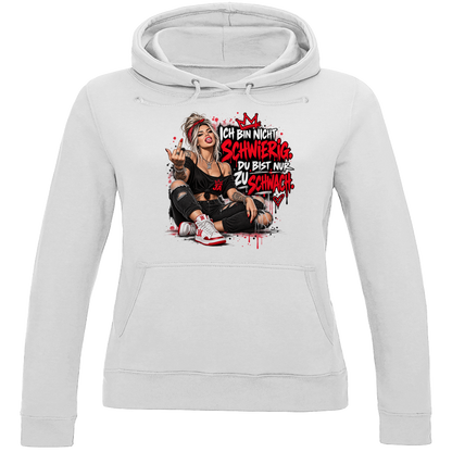 JA Ich bin nicht schwierig – Damen-Hoodie in Arktisweiß, Vorderansicht, Frontdruck: Provokantes Motiv: „Ich bin nicht schwierig. Du bist nur zu schwach.“
