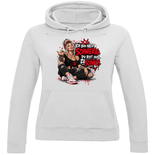 JA Ich bin nicht schwierig – Damen-Hoodie in Arktisweiß, Vorderansicht, Frontdruck: Provokantes Motiv: „Ich bin nicht schwierig. Du bist nur zu schwach.“