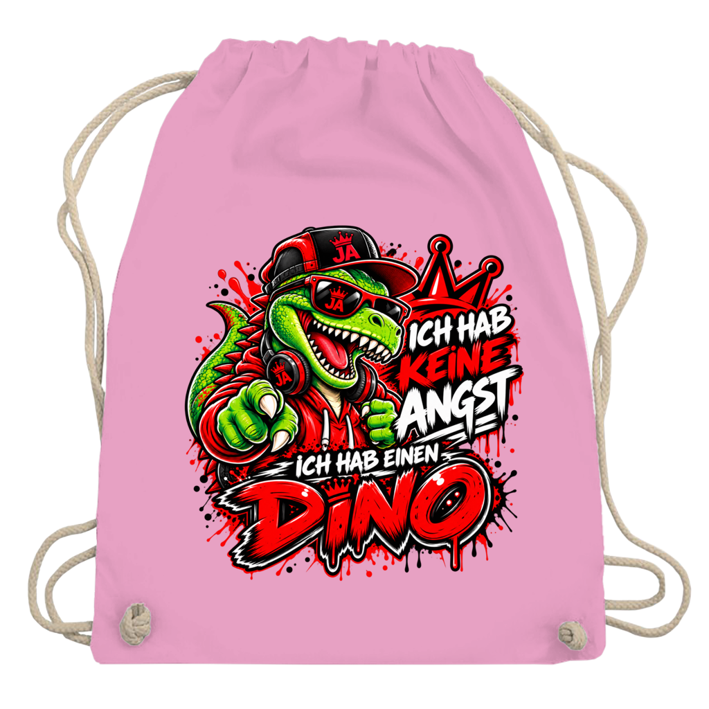 JA Ich habe keine Angst – Turnbeutel in Rosa, Aufdruck: Mutmacher-Dino: „Ich hab keine Angst. Ich hab einen Dino.“