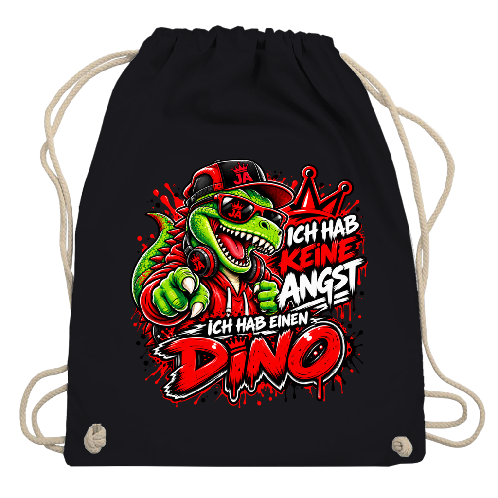 JA Ich habe keine Angst – Turnbeutel in Schwarz, Aufdruck: Mutmacher-Dino: „Ich hab keine Angst. Ich hab einen Dino.“