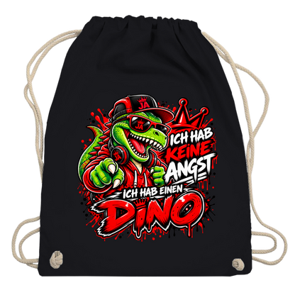 JA Ich habe keine Angst – Turnbeutel in Schwarz, Aufdruck: Mutmacher-Dino: „Ich hab keine Angst. Ich hab einen Dino.“