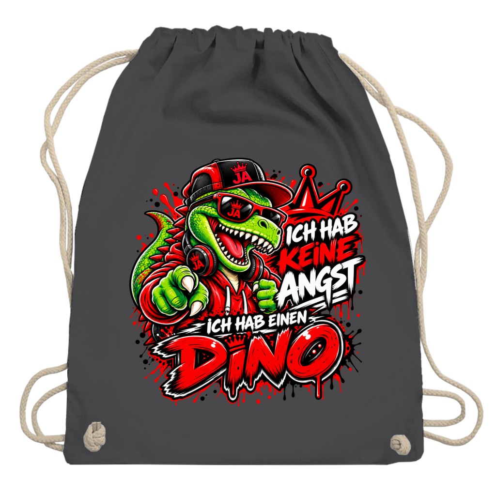 JA Ich habe keine Angst – Turnbeutel in Graphitgrau, Aufdruck: Mutmacher-Dino: „Ich hab keine Angst. Ich hab einen Dino.“