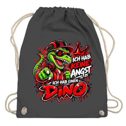 JA Ich habe keine Angst – Turnbeutel in Graphitgrau, Aufdruck: Mutmacher-Dino: „Ich hab keine Angst. Ich hab einen Dino.“