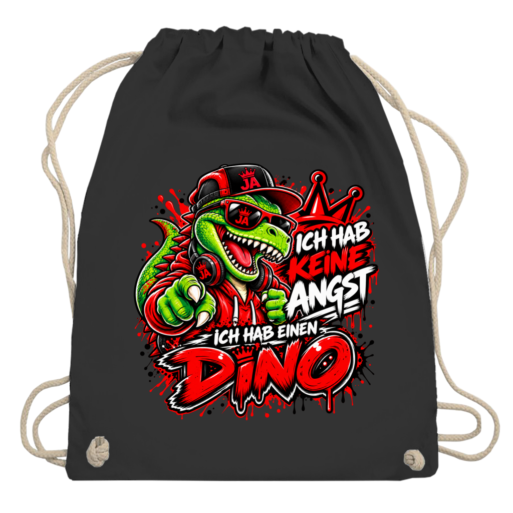 JA Ich habe keine Angst – Turnbeutel in Schwarz, Aufdruck: Mutmacher-Dino: „Ich hab keine Angst. Ich hab einen Dino.“