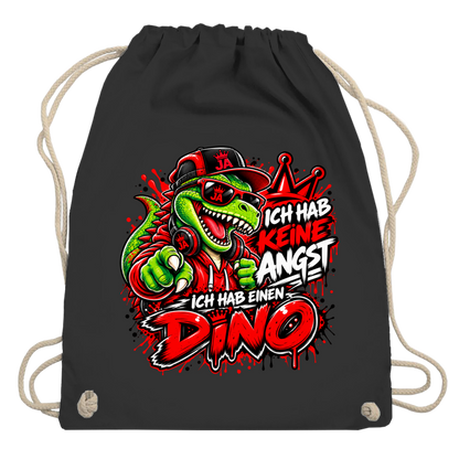 JA Ich habe keine Angst – Turnbeutel in Schwarz, Aufdruck: Mutmacher-Dino: „Ich hab keine Angst. Ich hab einen Dino.“