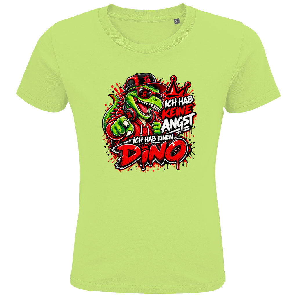 JA Ich habe keine Angst – Kinder-T-Shirt in Apfelgrün, Vorderansicht, Frontdruck: Mutmacher-Dino: „Ich hab keine Angst. Ich hab einen Dino.“