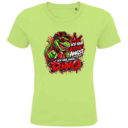 JA Ich habe keine Angst – Kinder-T-Shirt in Apfelgrün, Vorderansicht, Frontdruck: Mutmacher-Dino: „Ich hab keine Angst. Ich hab einen Dino.“