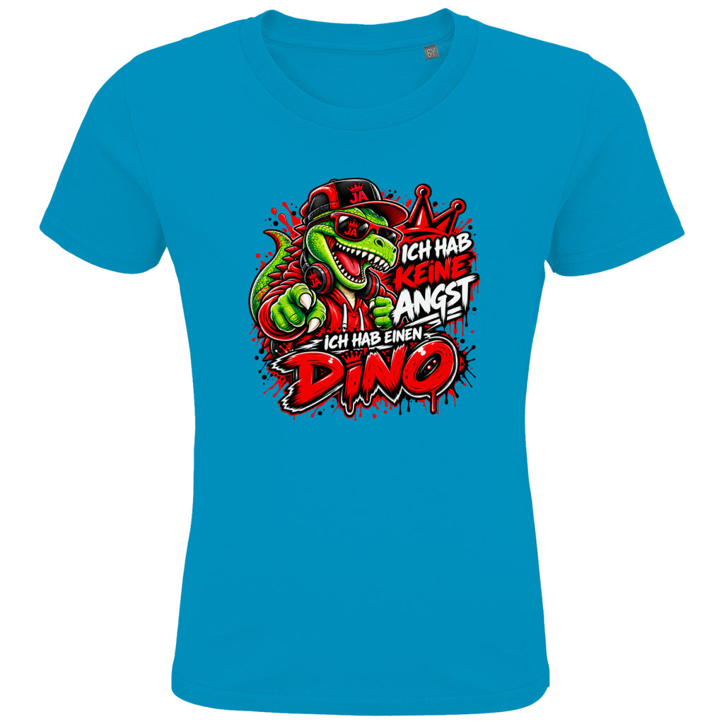 JA Ich habe keine Angst – Kinder-T-Shirt in Aqua, Vorderansicht, Frontdruck: Mutmacher-Dino: „Ich hab keine Angst. Ich hab einen Dino.“