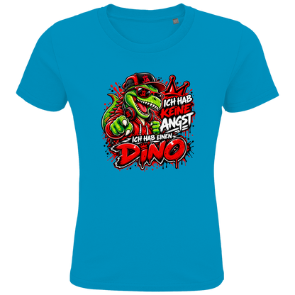 JA Ich habe keine Angst – Kinder-T-Shirt in Aqua, Vorderansicht, Frontdruck: Mutmacher-Dino: „Ich hab keine Angst. Ich hab einen Dino.“