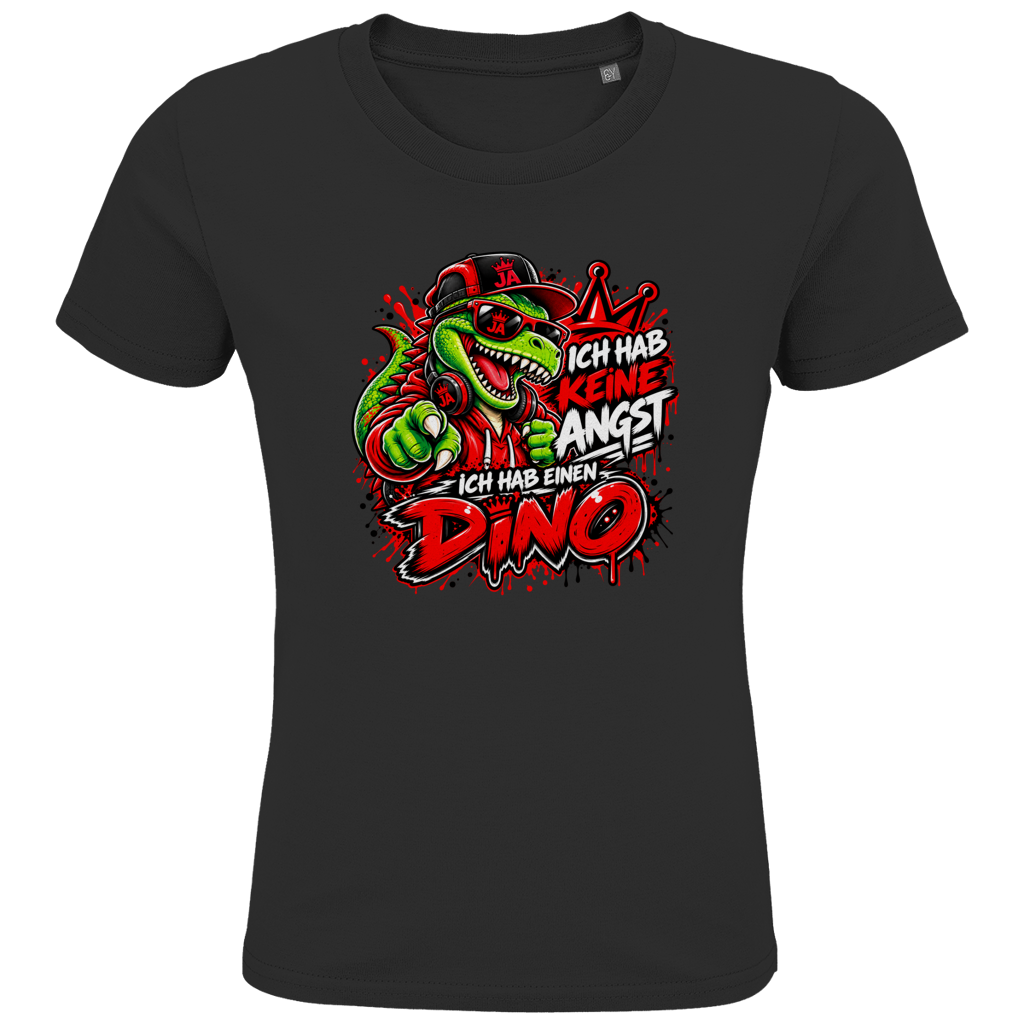 JA Ich habe keine Angst – Kinder-T-Shirt in Schwarz, Vorderansicht, Frontdruck: Mutmacher-Dino: „Ich hab keine Angst. Ich hab einen Dino.“