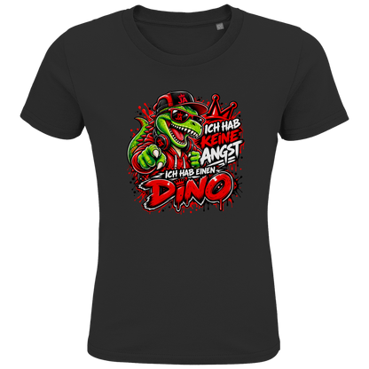 JA Ich habe keine Angst – Kinder-T-Shirt in Schwarz, Vorderansicht, Frontdruck: Mutmacher-Dino: „Ich hab keine Angst. Ich hab einen Dino.“