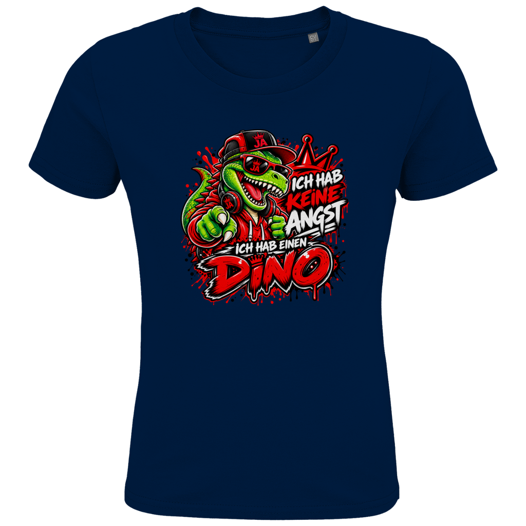 JA Ich habe keine Angst – Kinder-T-Shirt in Marineblau, Vorderansicht, Frontdruck: Mutmacher-Dino: „Ich hab keine Angst. Ich hab einen Dino.“