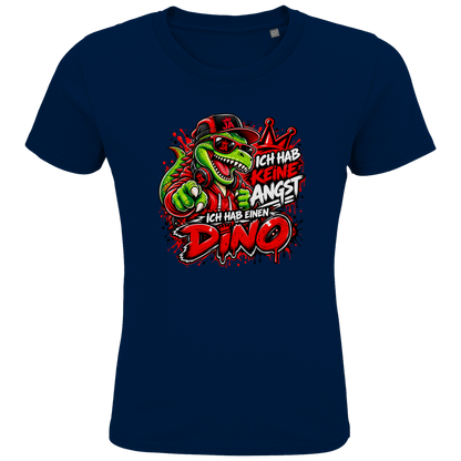 JA Ich habe keine Angst – Kinder-T-Shirt in Marineblau, Vorderansicht, Frontdruck: Mutmacher-Dino: „Ich hab keine Angst. Ich hab einen Dino.“