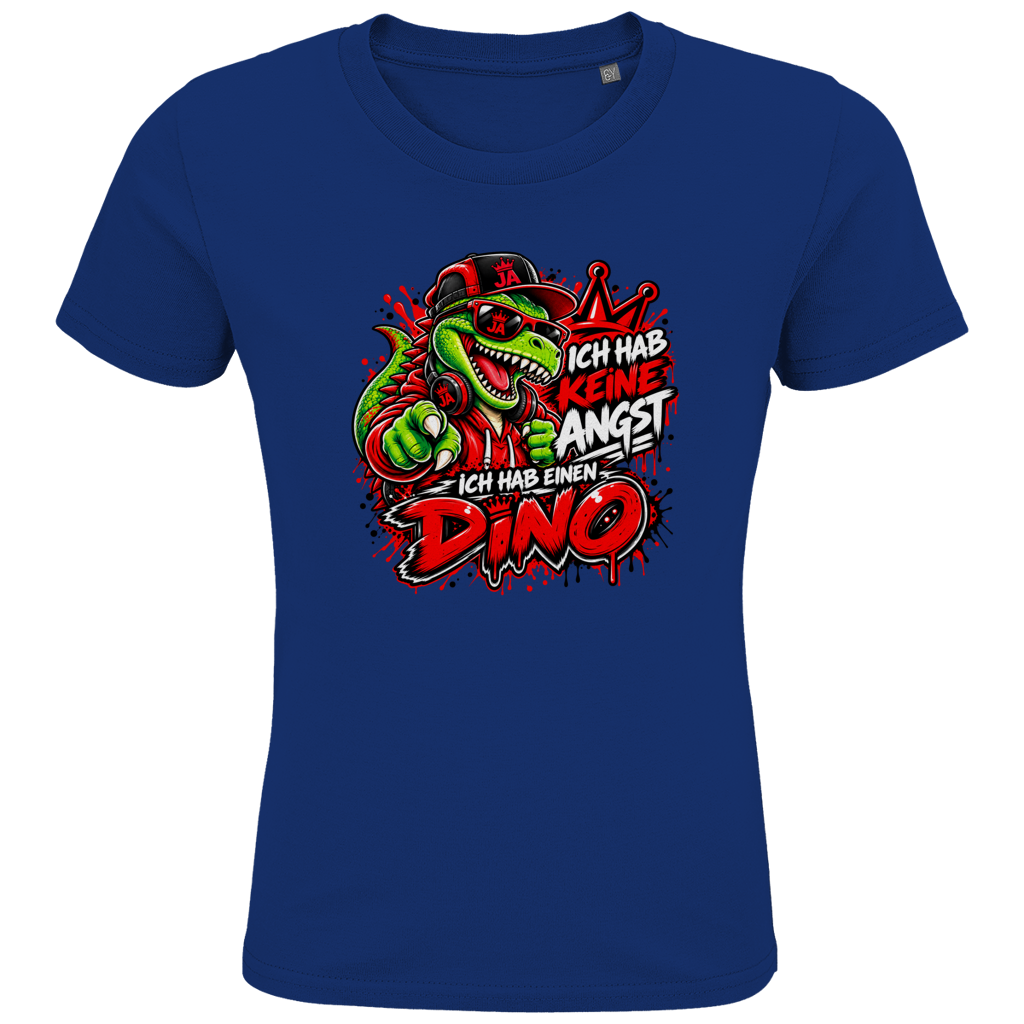 JA Ich habe keine Angst – Kinder-T-Shirt in Royalblau, Vorderansicht, Frontdruck: Mutmacher-Dino: „Ich hab keine Angst. Ich hab einen Dino.“