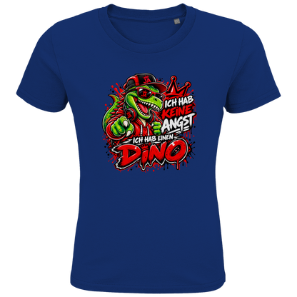 JA Ich habe keine Angst – Kinder-T-Shirt in Royalblau, Vorderansicht, Frontdruck: Mutmacher-Dino: „Ich hab keine Angst. Ich hab einen Dino.“