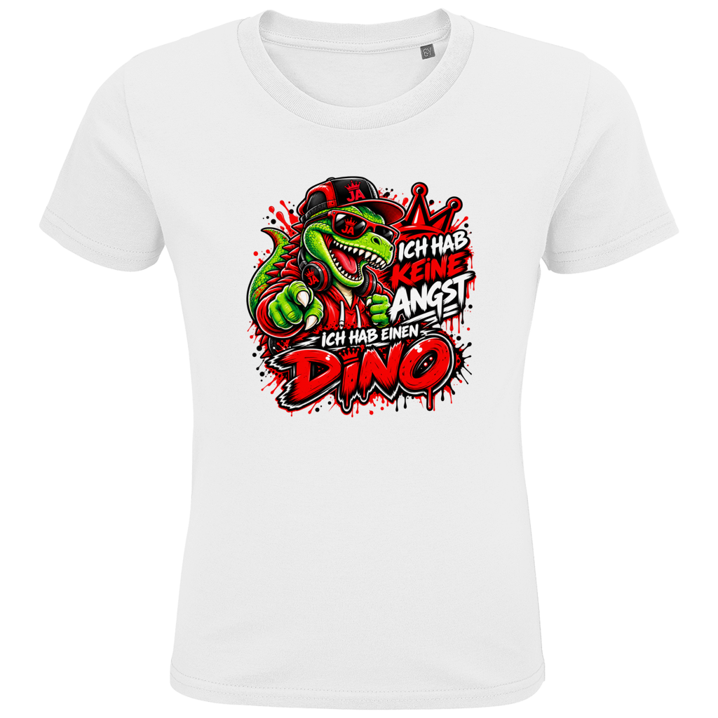 JA Ich habe keine Angst – Kinder-T-Shirt in Weiß, Vorderansicht, Frontdruck: Mutmacher-Dino: „Ich hab keine Angst. Ich hab einen Dino.“