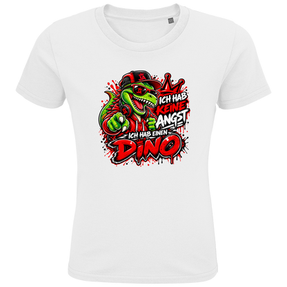 JA Ich habe keine Angst – Kinder-T-Shirt in Weiß, Vorderansicht, Frontdruck: Mutmacher-Dino: „Ich hab keine Angst. Ich hab einen Dino.“