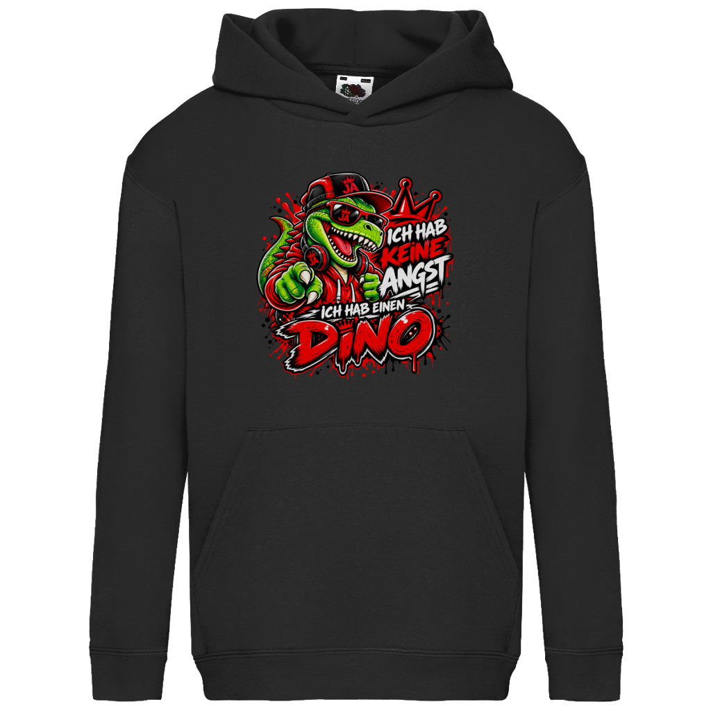 JA Ich habe keine Angst – Kinder-Hoodie in Schwarz, Vorderansicht, Frontdruck: Mutmacher-Dino: „Ich hab keine Angst. Ich hab einen Dino.“