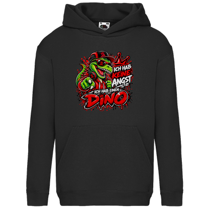 JA Ich habe keine Angst – Kinder-Hoodie in Schwarz, Vorderansicht, Frontdruck: Mutmacher-Dino: „Ich hab keine Angst. Ich hab einen Dino.“