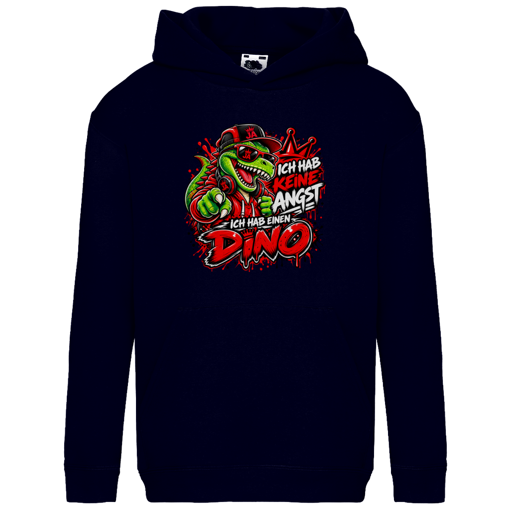 JA Ich habe keine Angst – Kinder-Hoodie in Dunkles Marineblau, Vorderansicht, Frontdruck: Mutmacher-Dino: „Ich hab keine Angst. Ich hab einen Dino.“