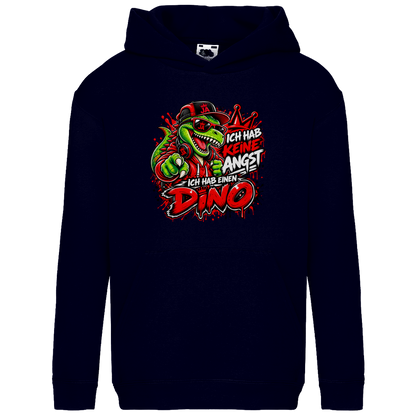 JA Ich habe keine Angst – Kinder-Hoodie in Dunkles Marineblau, Vorderansicht, Frontdruck: Mutmacher-Dino: „Ich hab keine Angst. Ich hab einen Dino.“