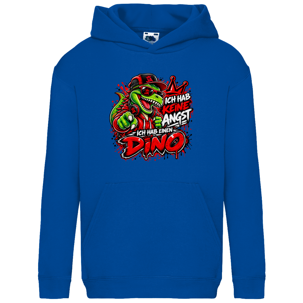 JA Ich habe keine Angst – Kinder-Hoodie in Royalblau, Vorderansicht, Frontdruck: Mutmacher-Dino: „Ich hab keine Angst. Ich hab einen Dino.“