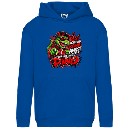 JA Ich habe keine Angst – Kinder-Hoodie in Royalblau, Vorderansicht, Frontdruck: Mutmacher-Dino: „Ich hab keine Angst. Ich hab einen Dino.“