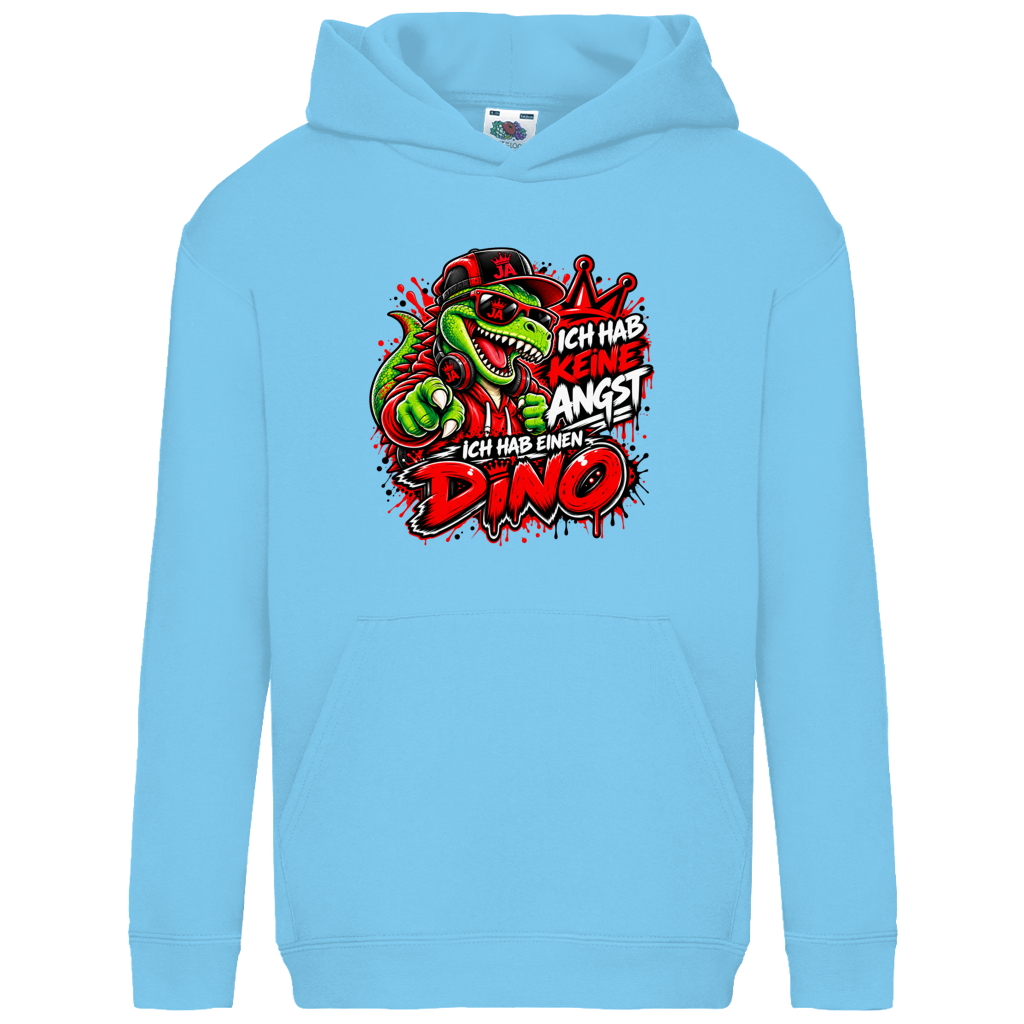 JA Ich habe keine Angst – Kinder-Hoodie in Himmelblau, Vorderansicht, Frontdruck: Mutmacher-Dino: „Ich hab keine Angst. Ich hab einen Dino.“